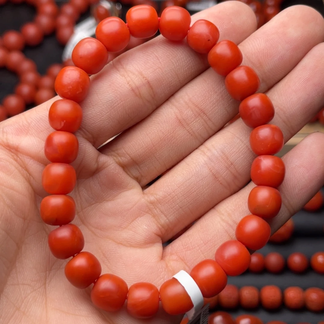 南红玛瑙未镶嵌手串H8.8mm收藏保山哑光柿子红老型手串