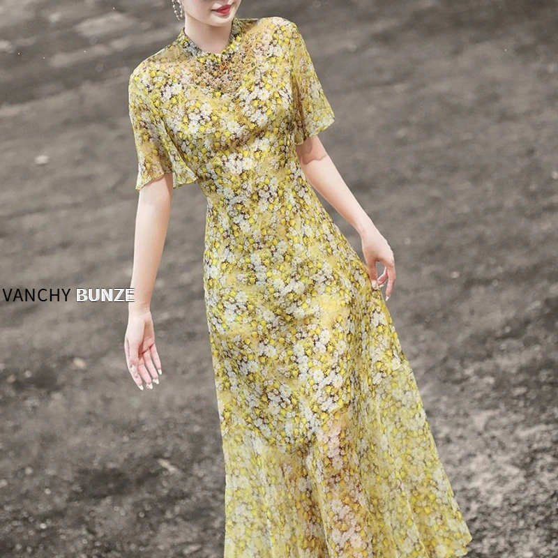 BUNZE 气质法式茶歇钉珠裙子2025春季新款仿真丝碎花荷叶边连衣裙