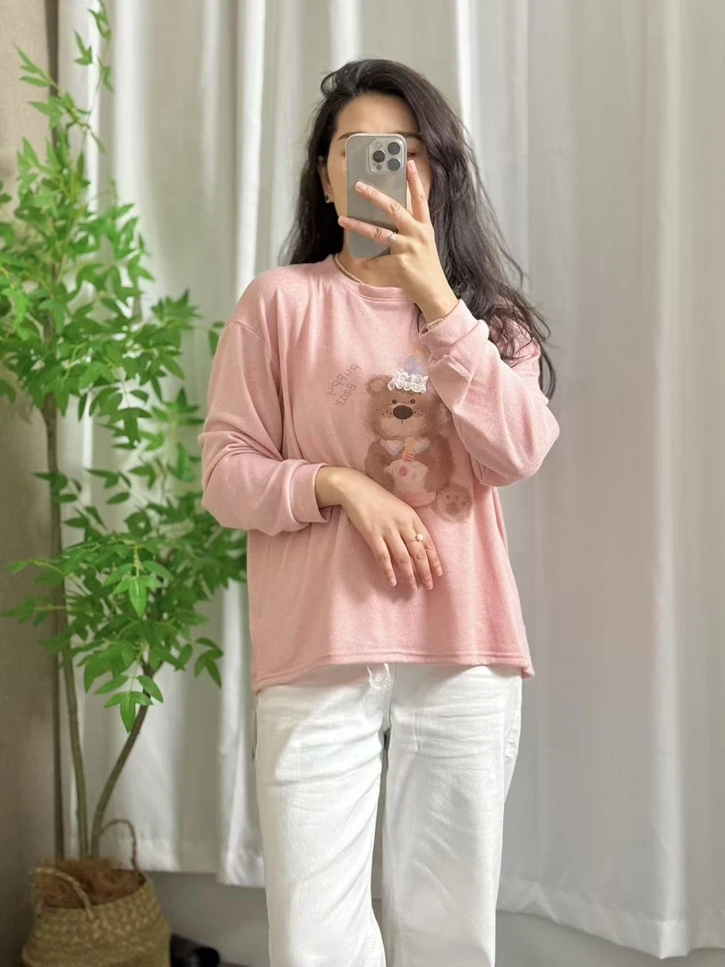 小熊T恤圆领打底春秋长袖纯棉时尚休闲百搭宽松