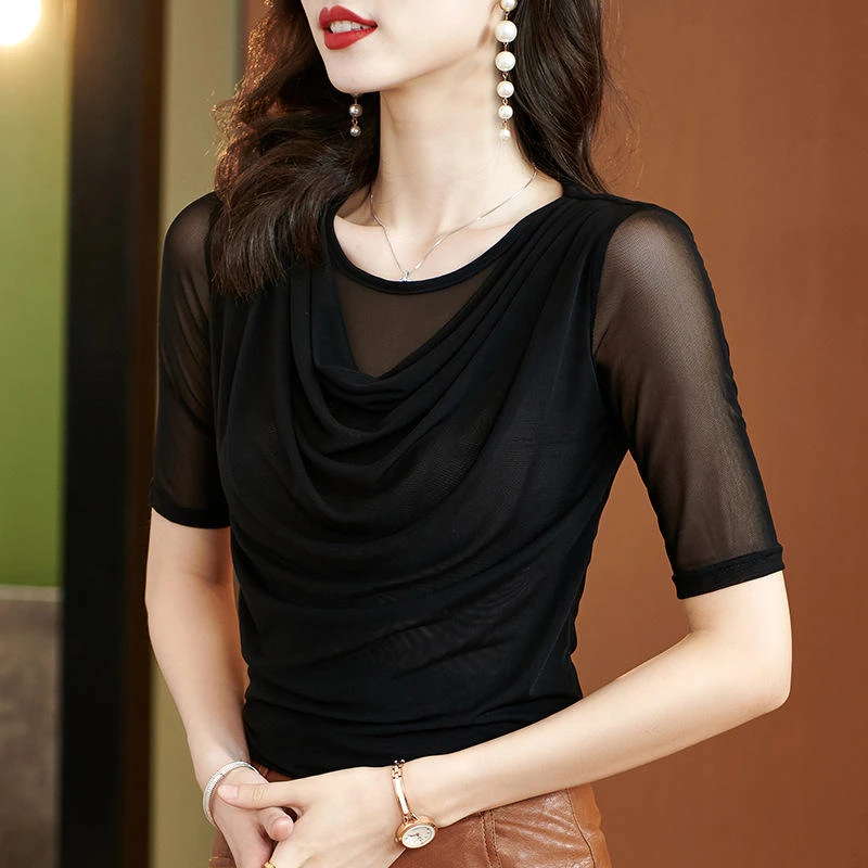 2025潮流气质短袖T恤时尚网纱堆堆领时髦洋气打底衫女气质衫批发