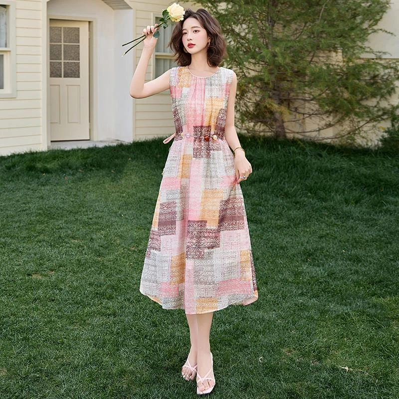 天丝麻印花连衣裙女夏季今年新款气质无袖收腰波西米亚风度假裙子