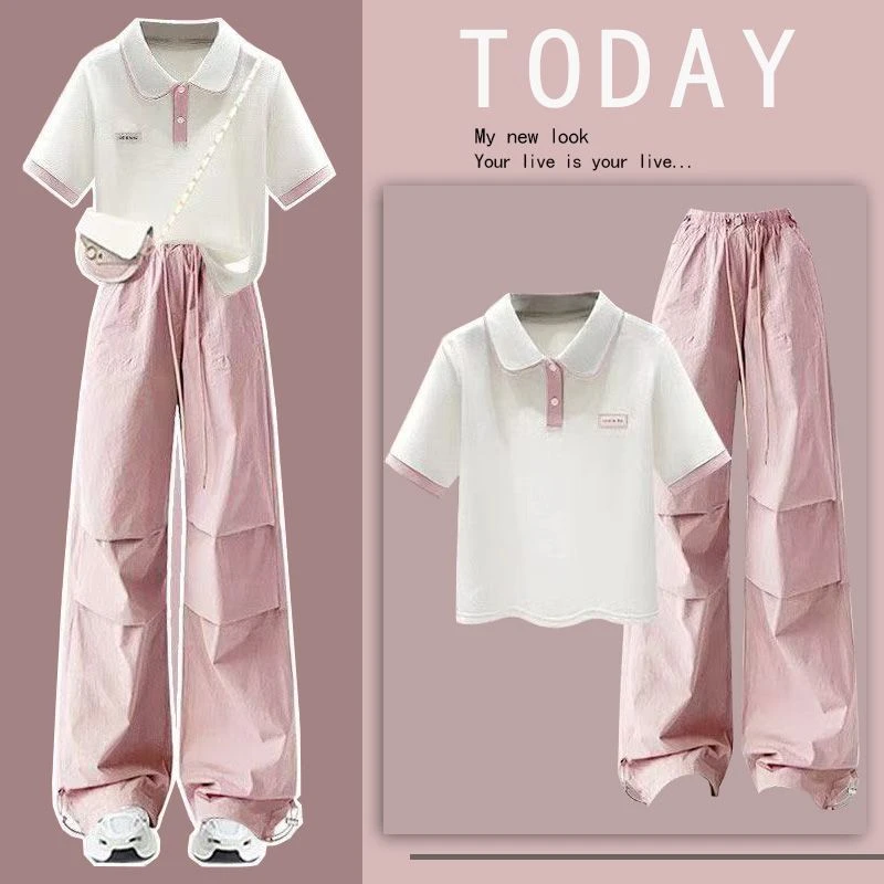 多巴胺夏季一整套新款学院时尚2025套装短袖T恤工装裤夏装