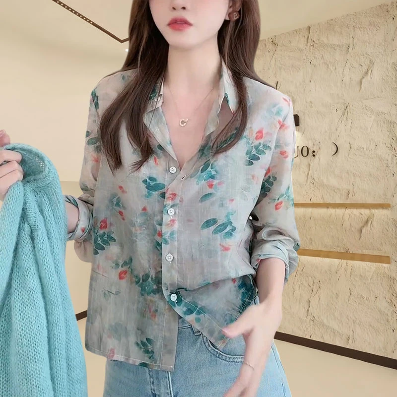 韩系甜美碎花衬衫女2025夏季微透薄款防晒设计感宽松休闲衬衣外套