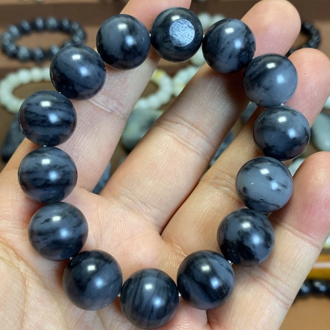 和田玉未镶嵌手串新疆和田玉青花水墨意境15圆珠手串