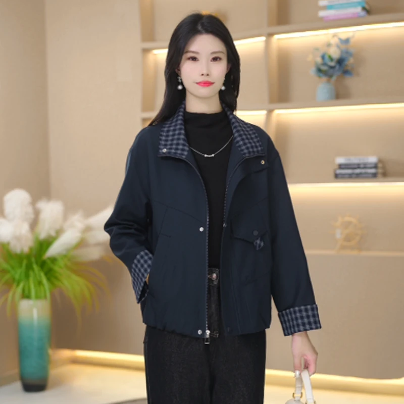 秋季新款外套时尚拼格子夹克上衣洋气显瘦减龄女装