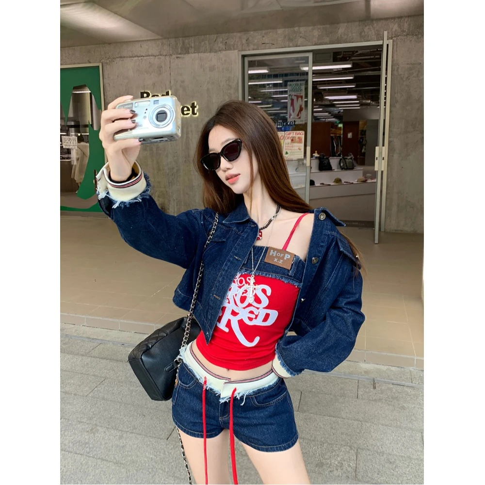 辣妹翻领牛仔外套设计感撞色吊带背心牛仔短裤女2025秋季时尚套装