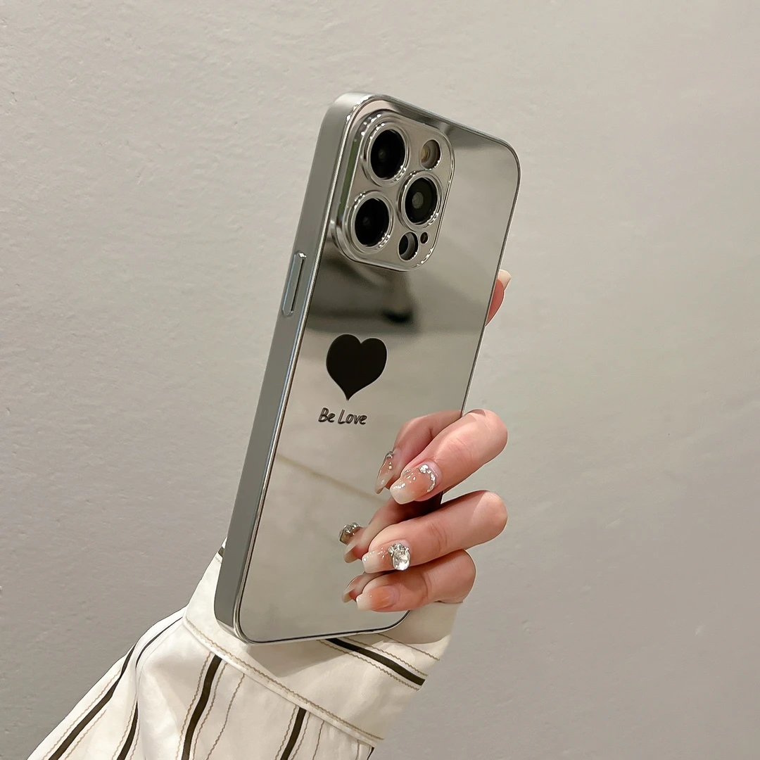 黑色爱心适用镜面苹果16promax华为vivo小米oppo电镀镜面男女款