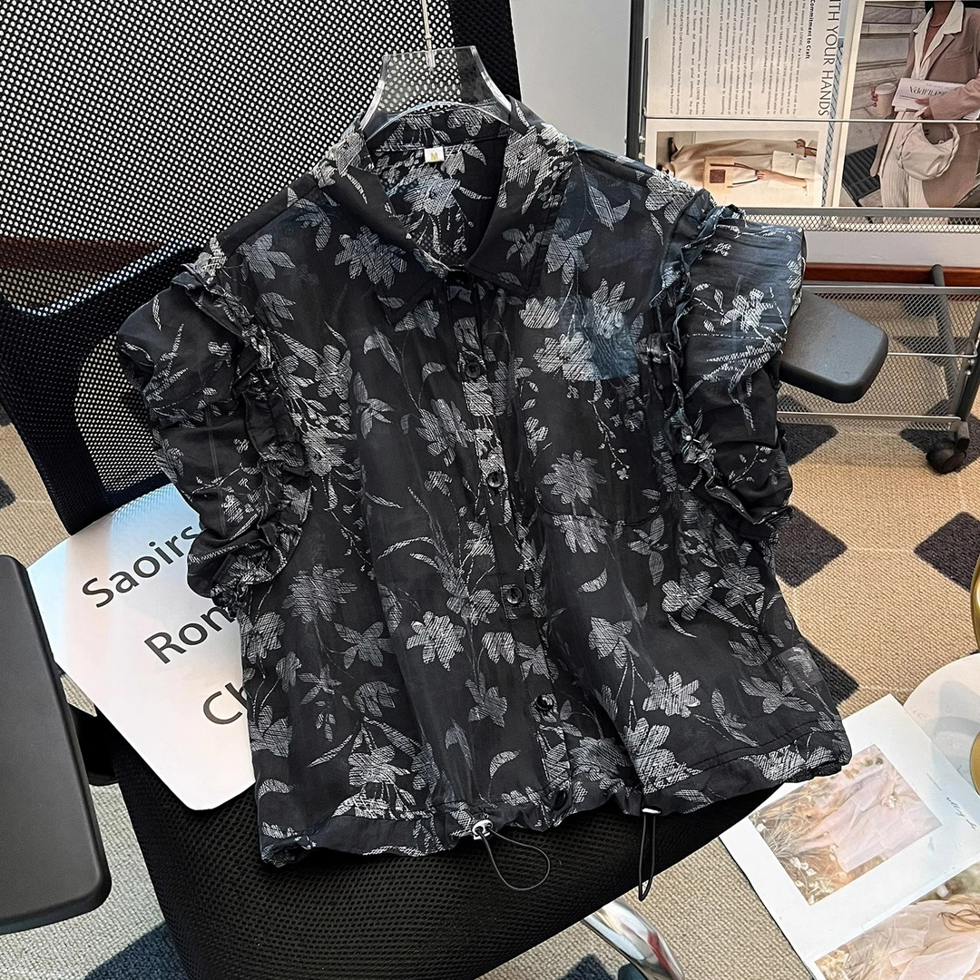 黑色短袖衬衫下摆抽绳小衫女2025夏季新款高级感酷飒风短款上衣