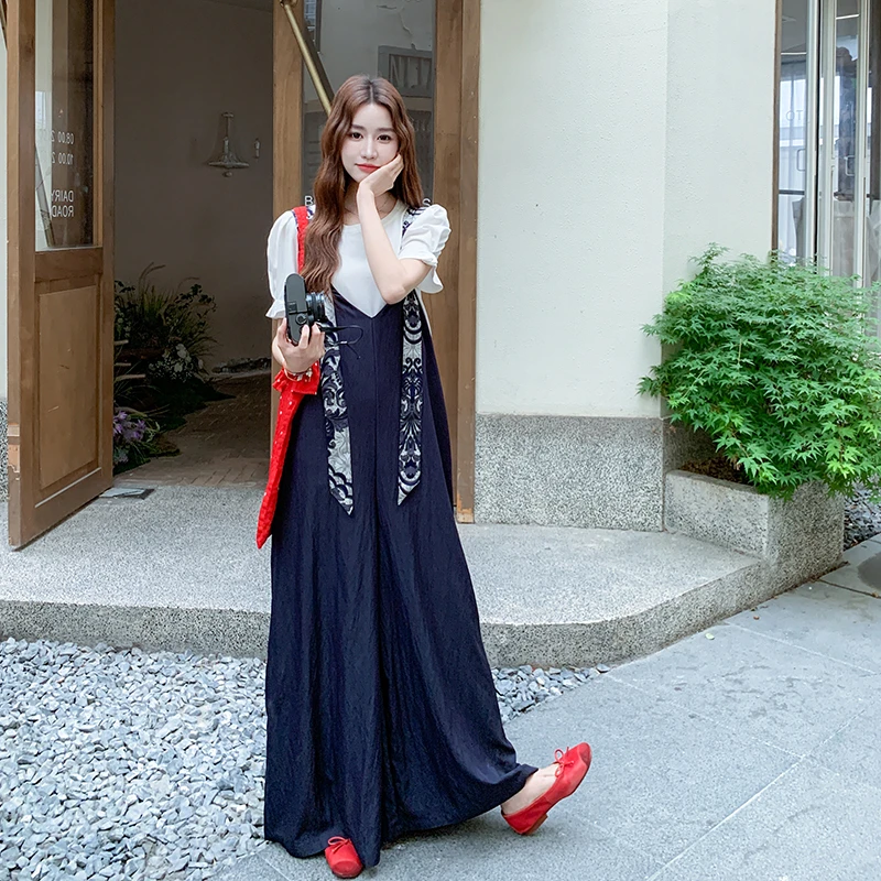 时尚显瘦气质阔腿法式减龄拼接印花牛仔裤女2025大码又酷又连体裤