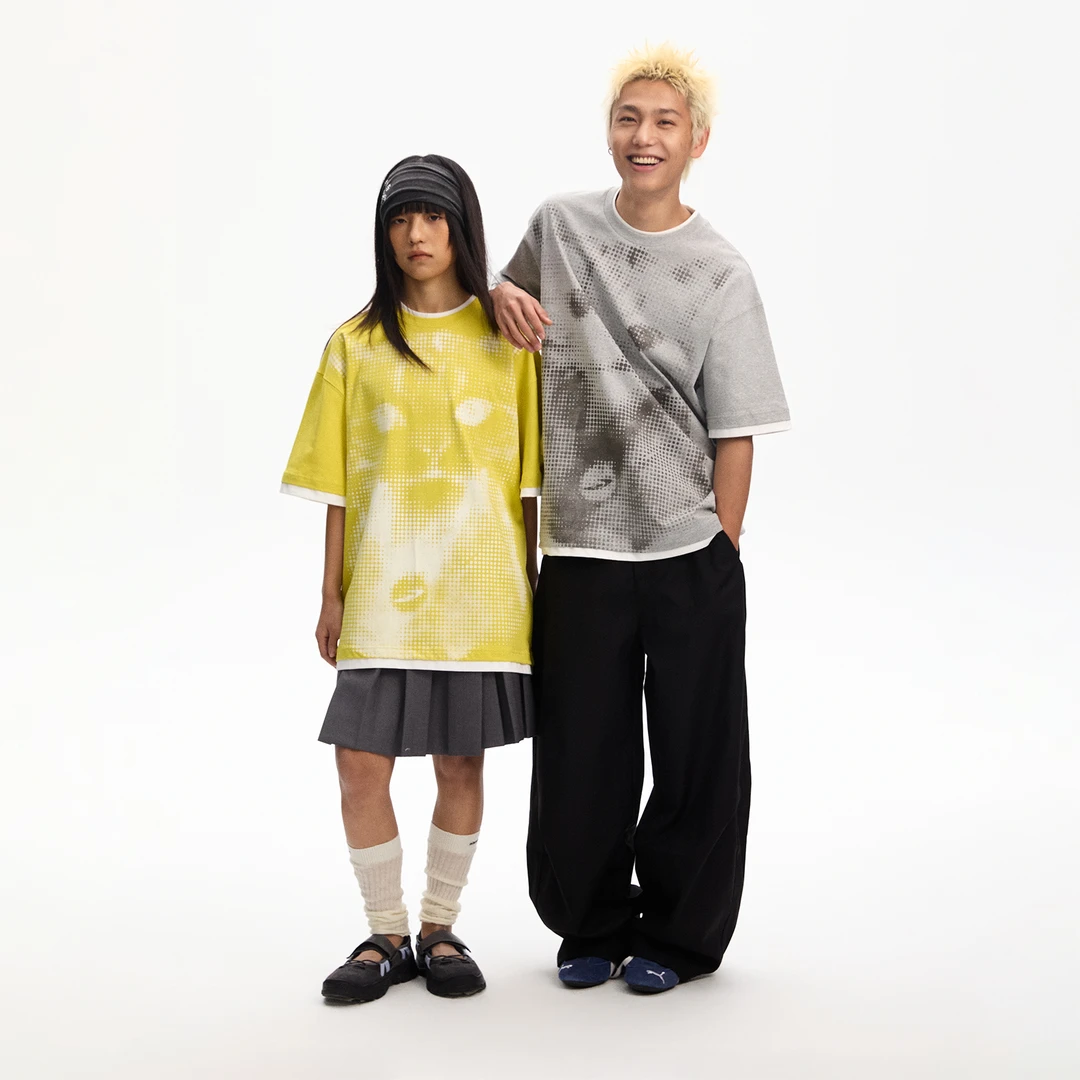 【江南先生】 动物哲学美式复古假两件印花短袖T恤夏情侣半袖