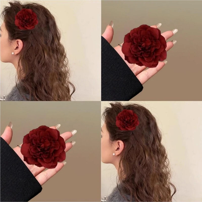 敲仙日落拍照发饰红色牡丹花朵发夹侧边夹子刘海夹头花发卡旅行