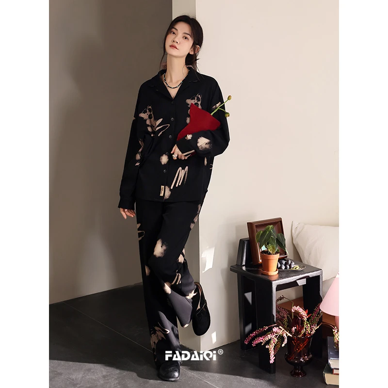 黑色睡衣女2025春秋季纯棉抗菌防螨开衫长袖可出门外穿家居服套装