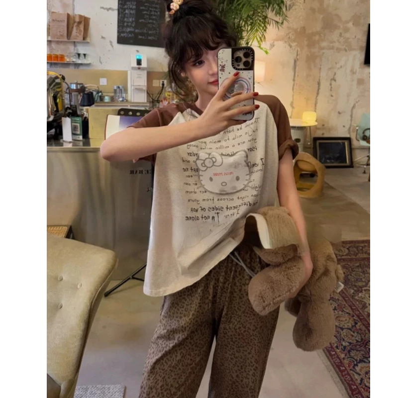 睡衣女夏季新款纯棉短袖长裤韩版可外穿家居服套装（美拉德KT猫）