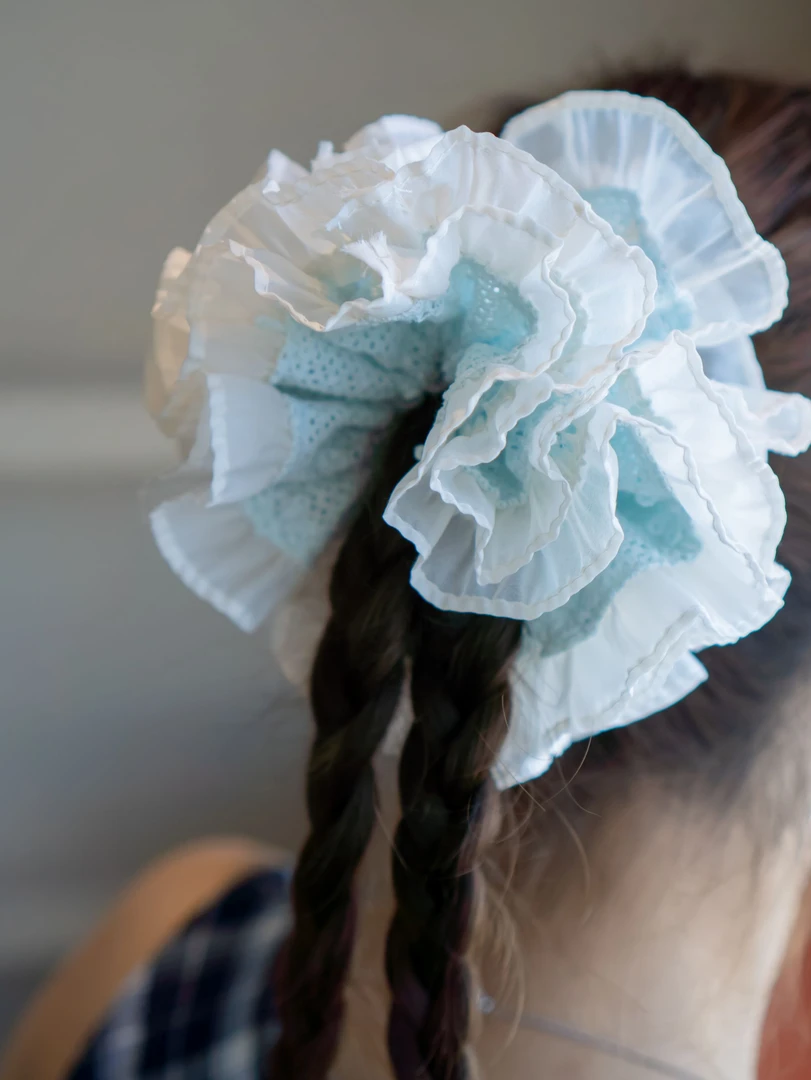 韩系蓝色蕾丝大肠发圈女高级感百搭头饰丸子头发绳头绳2025夏季