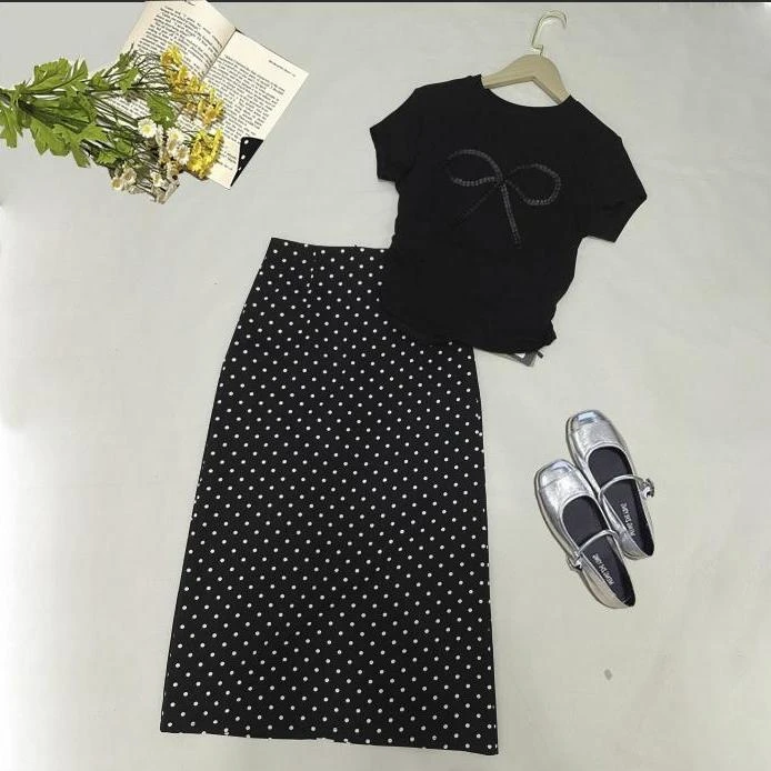 夏装大码搭配一整套时尚蝴蝶结上衣波点半身裙显瘦减龄时髦套装女