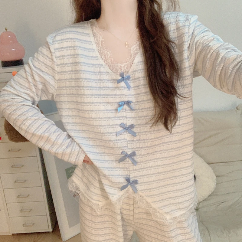 【带胸垫】韩系风蝴蝶结睡衣女春秋季新款亲肤棉长袖条纹家居服套装