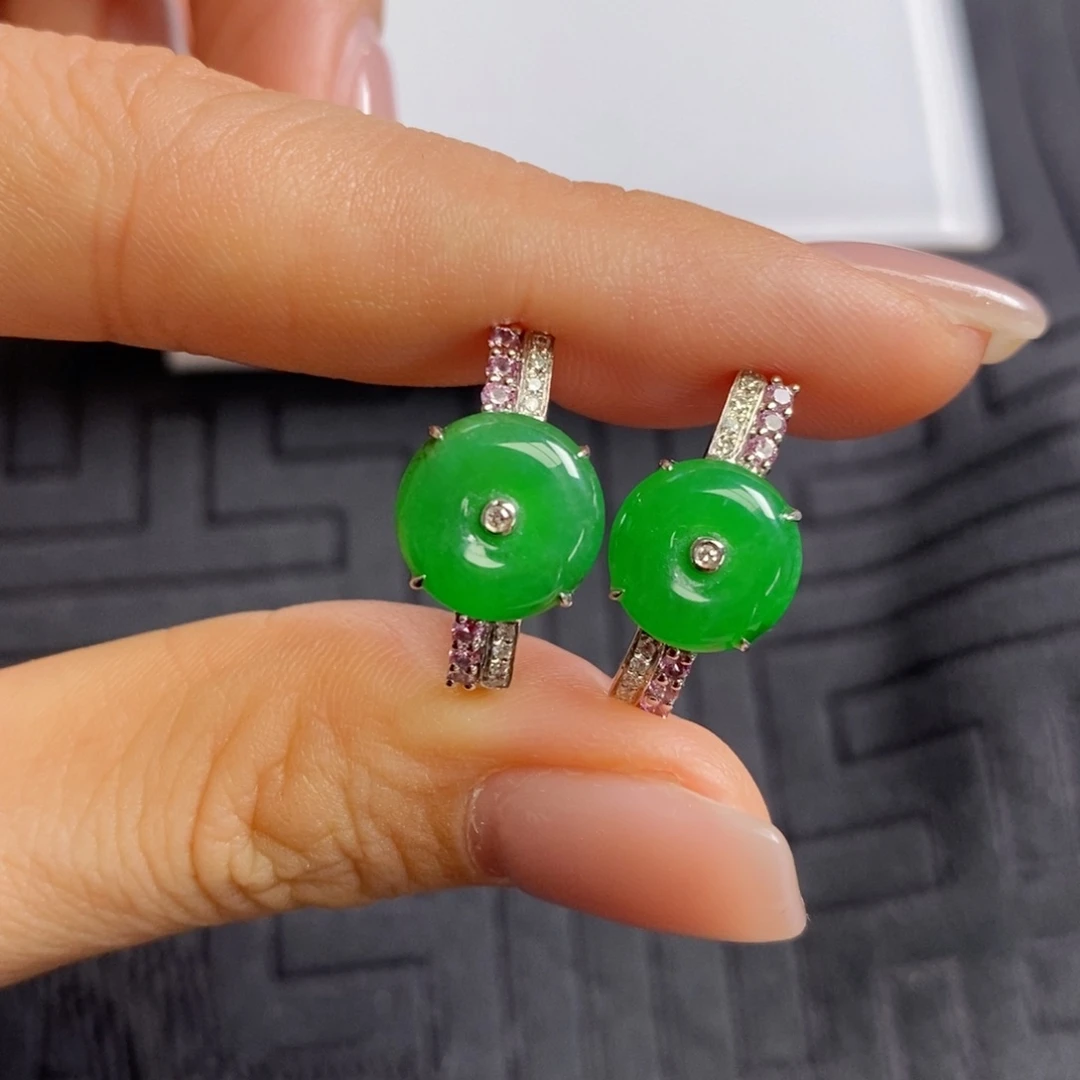 翡翠18K金镶嵌耳饰满绿小扣子耳包