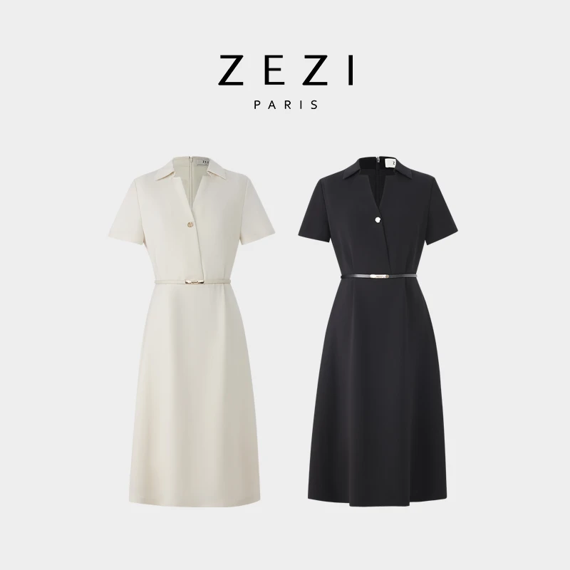 ZEZI【高知裙】三醋酯连衣裙polo领收腰连衣裙时尚气质中长裙简约新