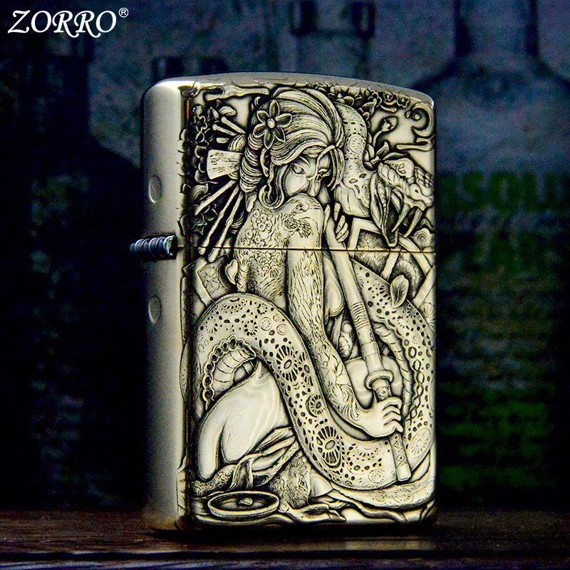 ZORRO佐罗正版黄铜3D蛇女浮雕个性煤油防风打火机男士礼物