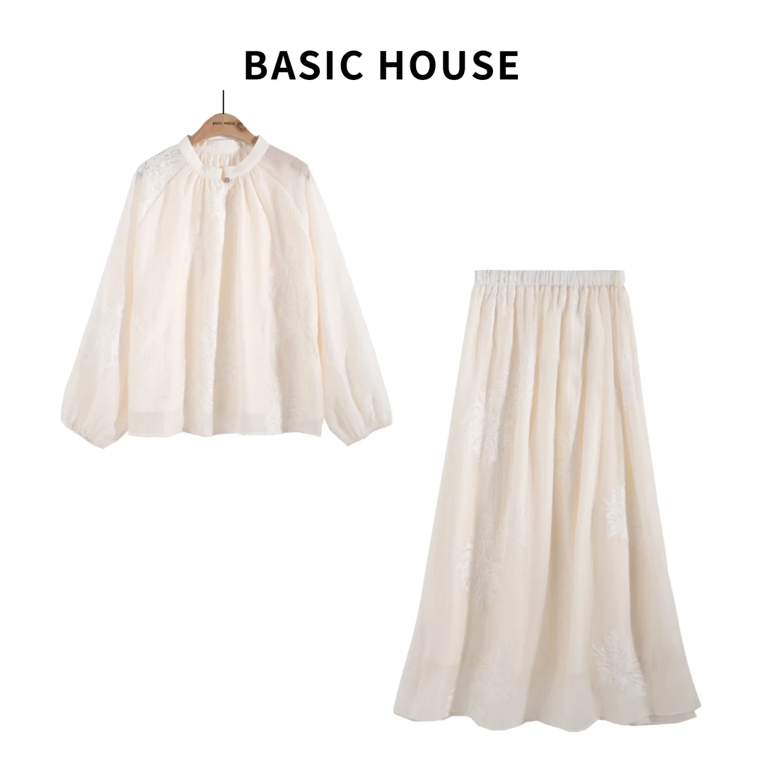 Basic House/百家好气质重工设计感复古提花长袖半裙仙气套装F602