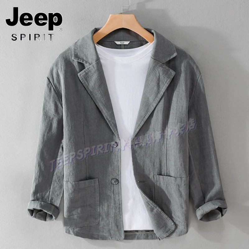 Jeep吉普春秋简约西服男士棉麻商务休闲衬衫帅气亚麻衬衣西装外套