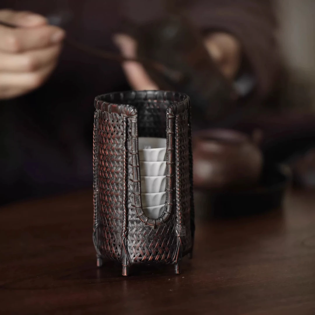 一出竹够老楠竹杯笼 U形竹编杯篓竹杯茶具收纳筒杯架手工复古杯架