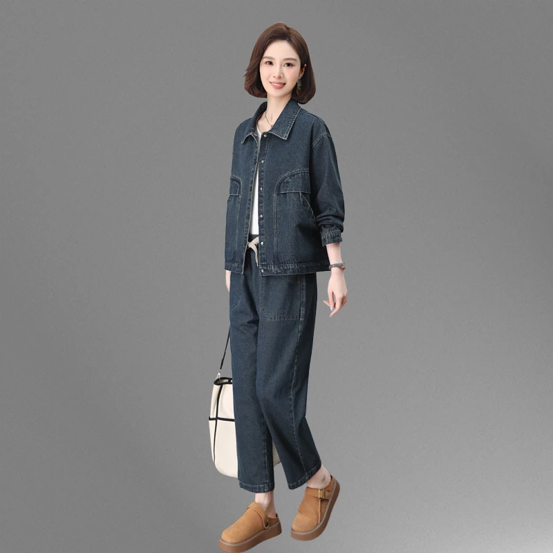 宽松休闲牛仔时尚套装2025春秋新款中年妈妈复古牛仔衣大码两件套