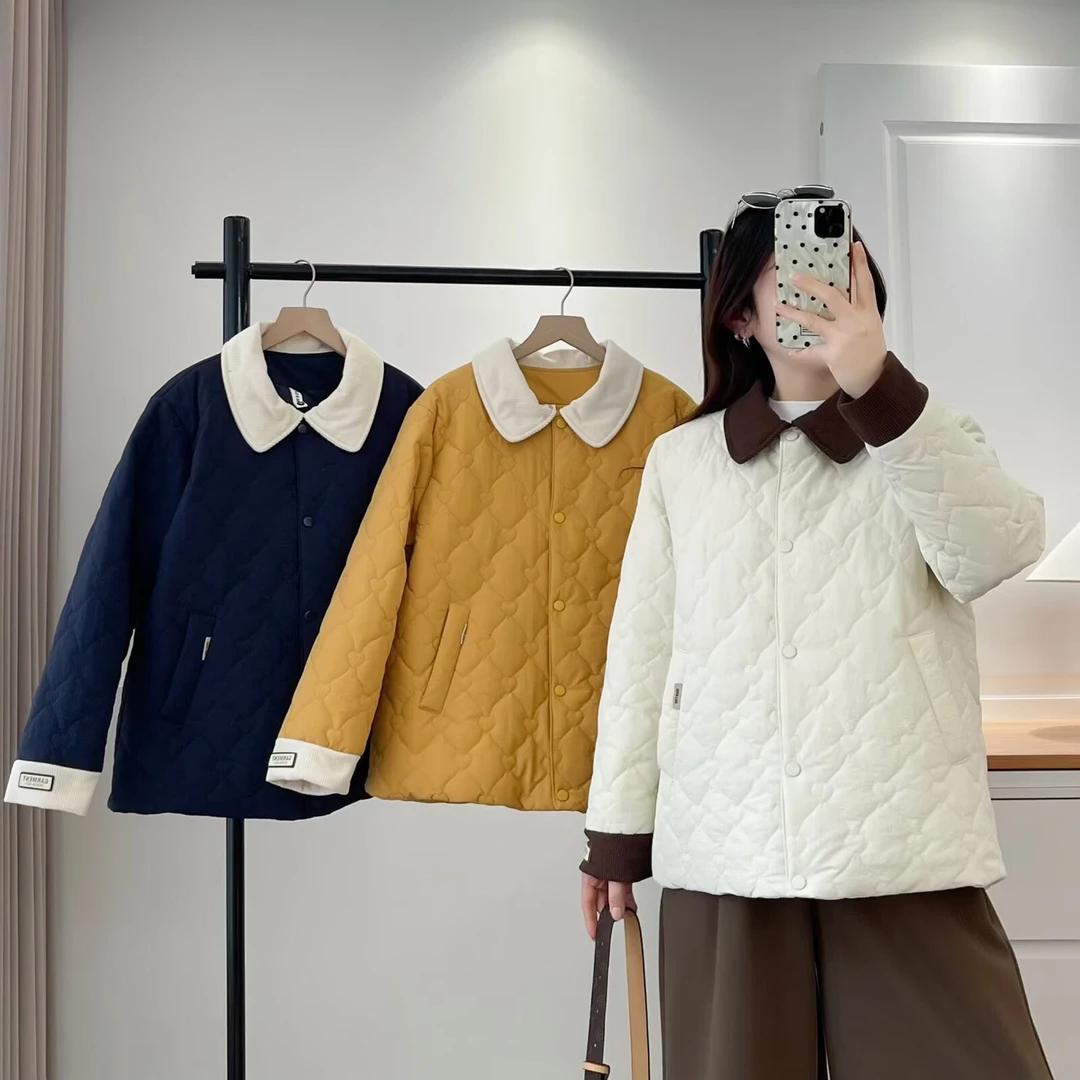 大码胖mm冬季韩版撞色休闲菱格棉服外套女宽松百搭保暖棉衣2595