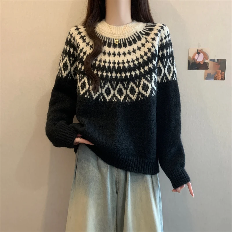 费尔岛提花红色长袖毛衣上衣加厚秋冬2025新款大码女装套头针织衫