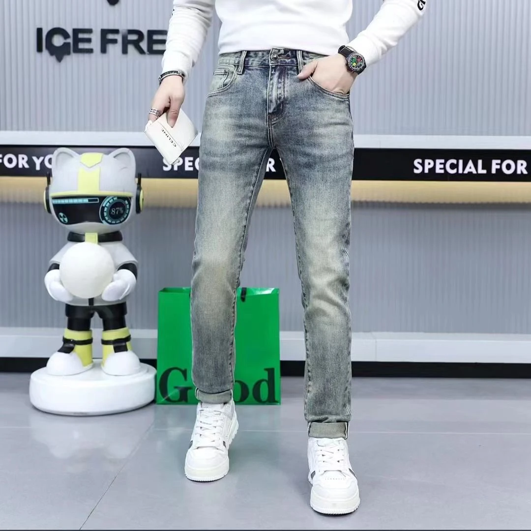 欧版牛仔裤男士时尚秋冬新款厚款潮牌牛仔裤小脚修身怀旧蓝弹力裤