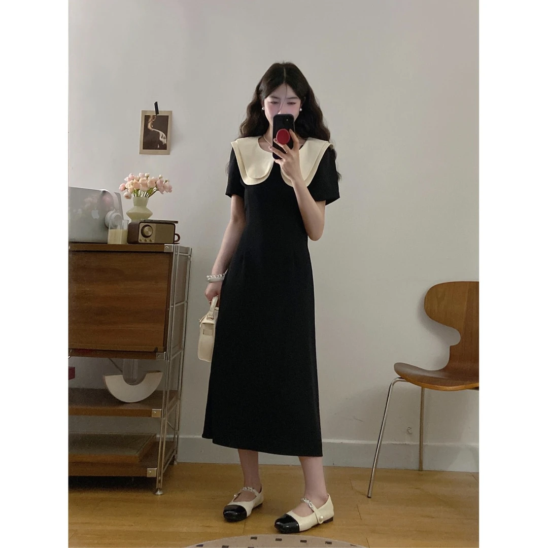 大码胖mm法式气质收腰娃娃领连衣裙女夏季撞色拼接别致小黑裙长裙