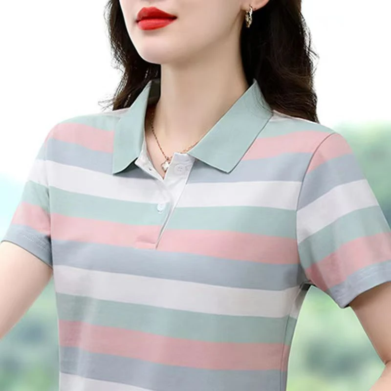 纯棉短袖t恤女条纹翻领中年妈妈上衣夏装2025新款显瘦洋气POLO衫T