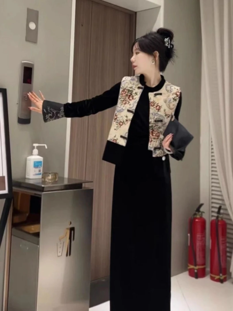 特大码300斤胖MM新中式国风女装女春季提花盘扣马甲+连衣裙两件套