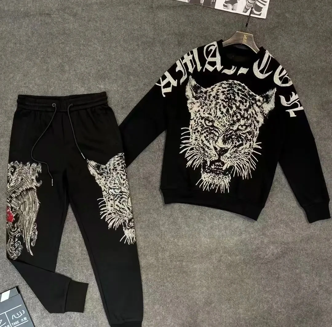 11650-652 豹子烫钻卫衣重工满钻长袖黑色圆领时尚休闲潮流情侣