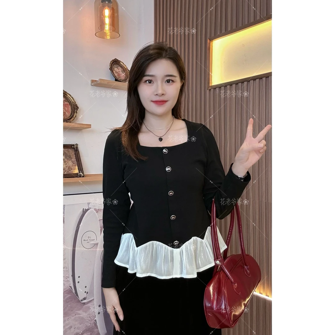【仅上衣】花老爷微胖新款大码女装花边纱拼接法式小上衣HLY3524