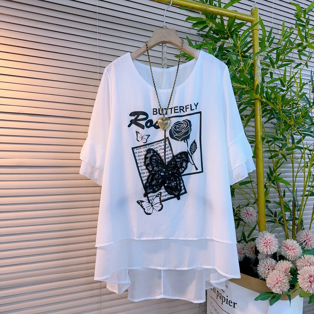 8496欧货韩版宽松圆领不等式蝴蝶压钻遮肉显瘦小众个性遮肉百搭衫