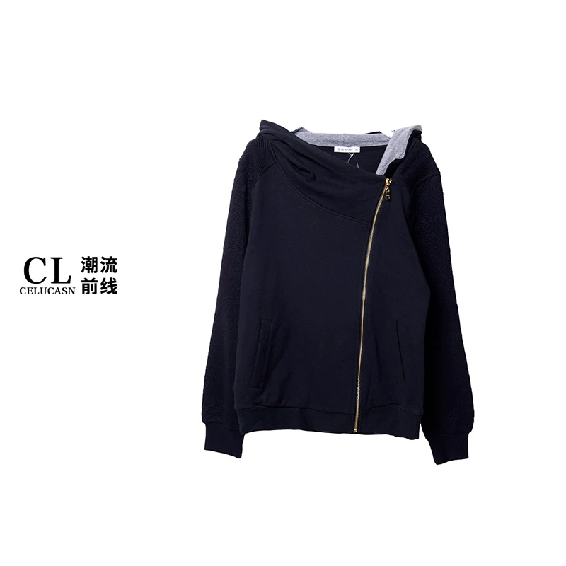 Y4PBZ0238#秋冬款小众设计感短款连帽卫衣不规则斜拉链上衣外套