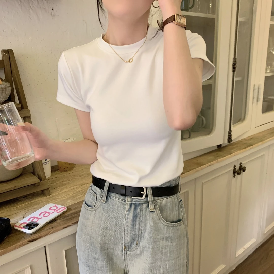 春夏季2025年新款修身小圆领纯色正肩短袖打底衫百搭恤女白色上衣