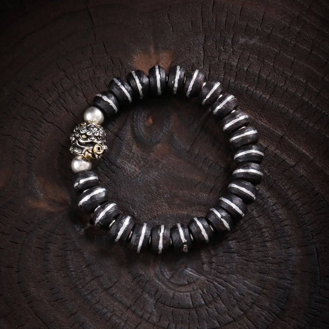 925银木质手链 S10818 吞米兽药师圈圈黑色算盘珠手链复古民族风