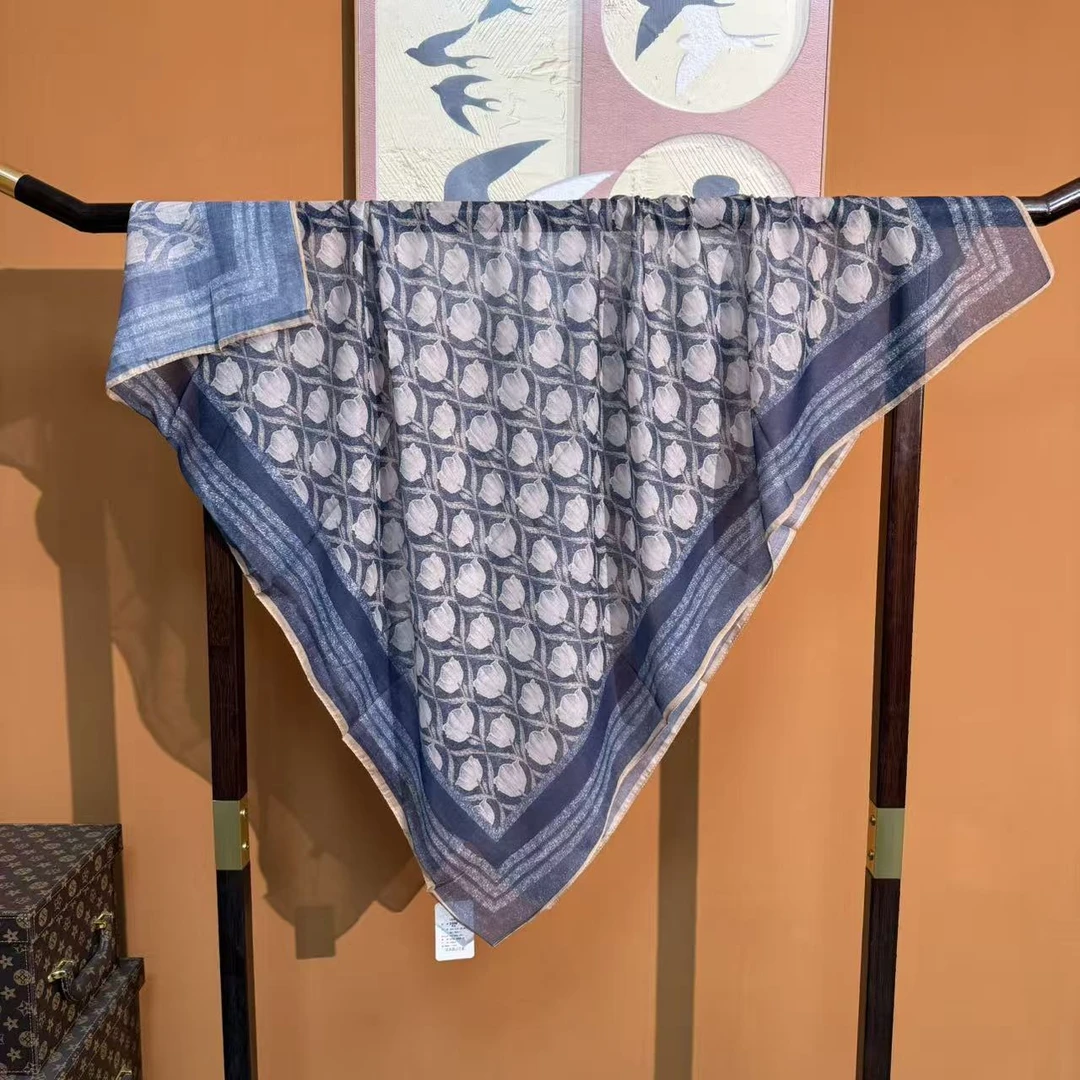 新款【雾蓝格韵】110*110重磅丝棉高货重磅国风高端丝巾-Y13