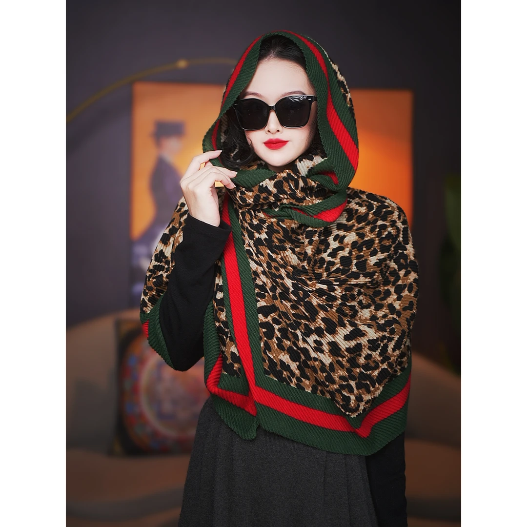 [绿边豹纹]秋冬季新款保暖百搭轻奢披肩丝巾围巾女80X160CM