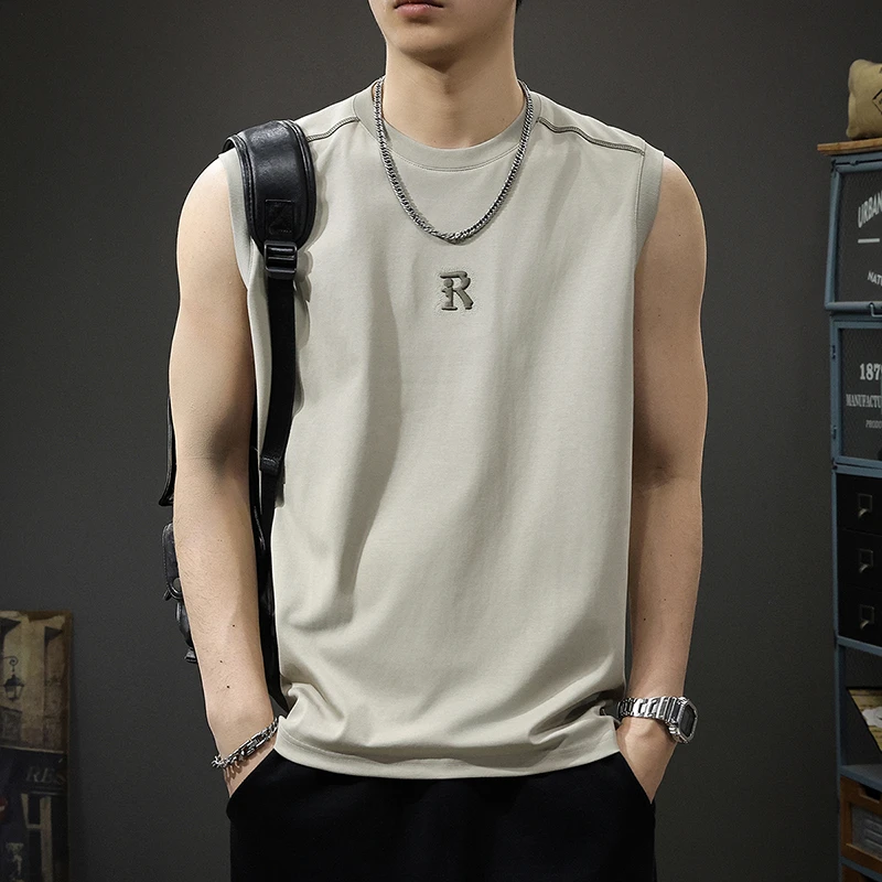 夏季薄款无袖t恤男美式重磅坎肩背心宽松百搭ins潮牌运动健身上衣