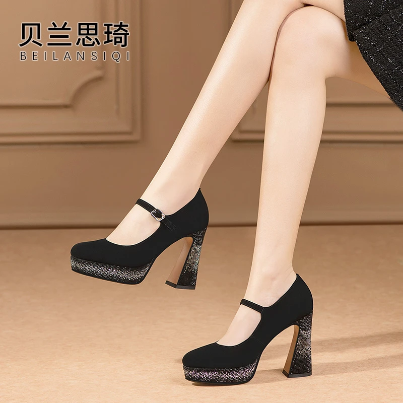 磨砂真皮一字带水钻圆头粗跟单鞋女2025春秋模特防水台高跟鞋6709