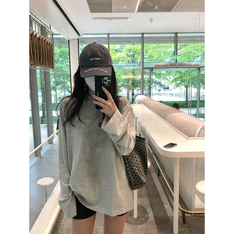 2025秋冬季新款复古简约长袖t恤女休闲宽松慵懒风上衣居家打底衫