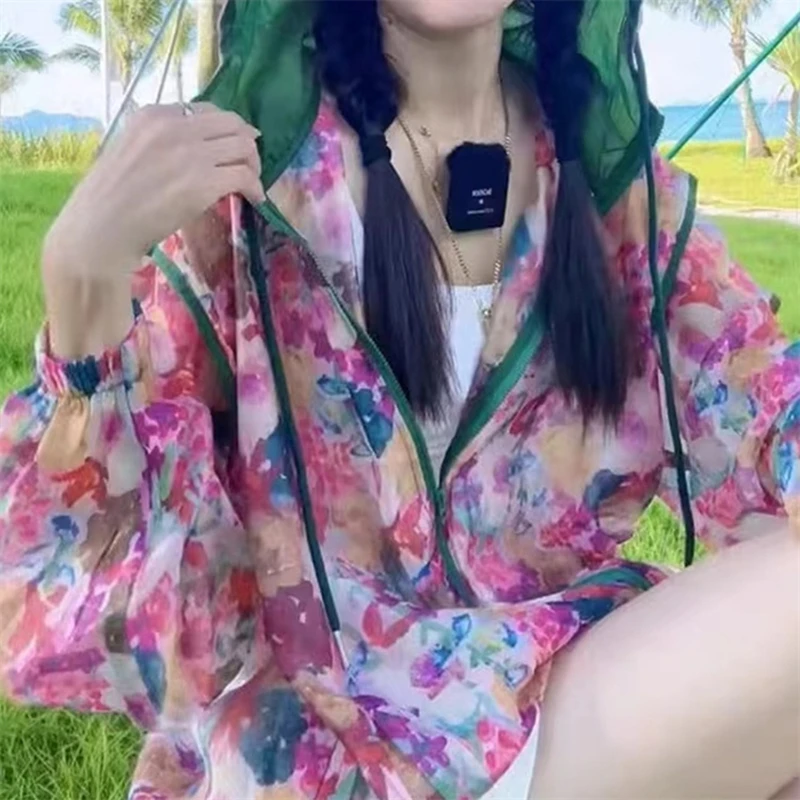 连帽开衫防晒衫女2025夏季新款时尚流行碎花洋气宽松大码防晒外套