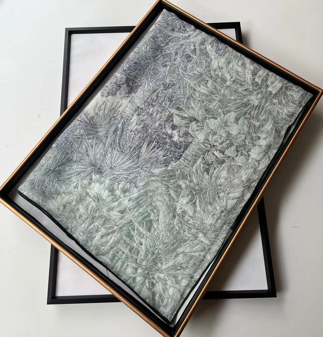 桑蚕丝乔其单面莫奈花园浅绿65方巾手工卷边时尚女士丝巾真丝C276