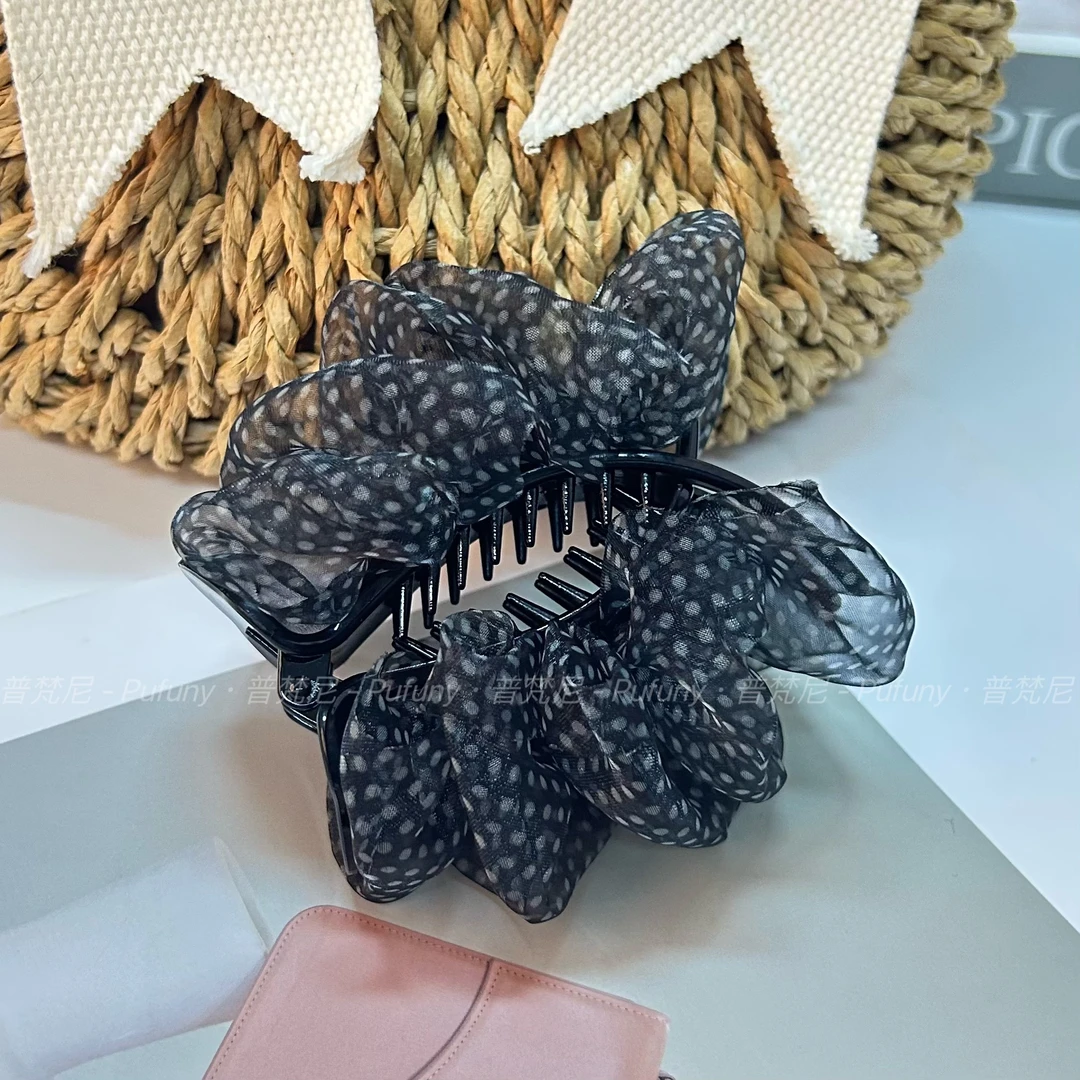 网纱波点多层泡泡丸子夹头饰百搭高级气质黑色波点超软纱