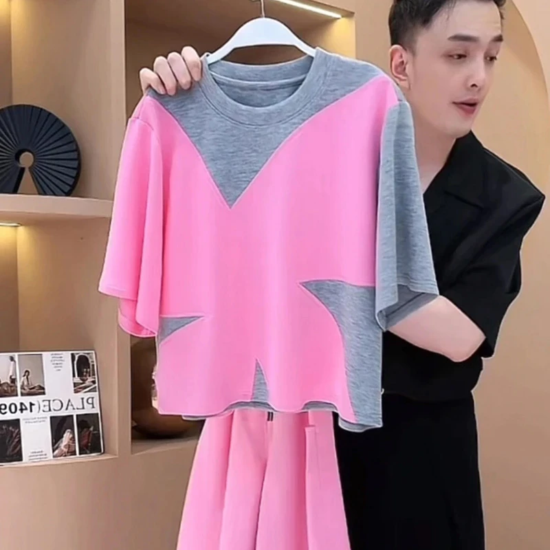 欧货设计感撞色拼接圆领短袖T恤女2025新款夏季独特漂亮小众上衣