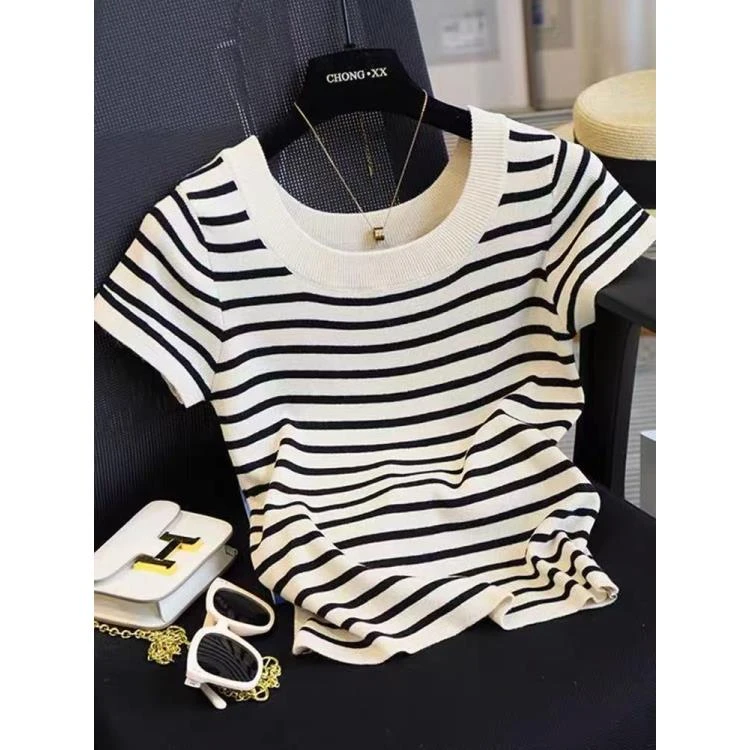 高档洋气法式U领条纹冰丝短袖针织T恤显瘦短款t恤大码上衣2112