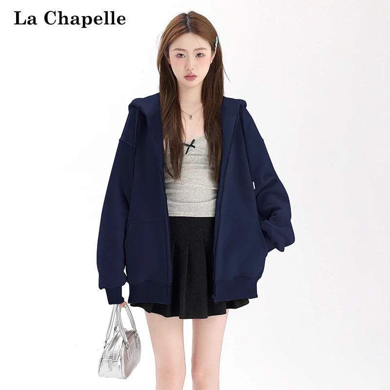 拉夏贝尔藏青色连帽卫衣女2025新款秋季小个子韩系慵懒风开衫外套